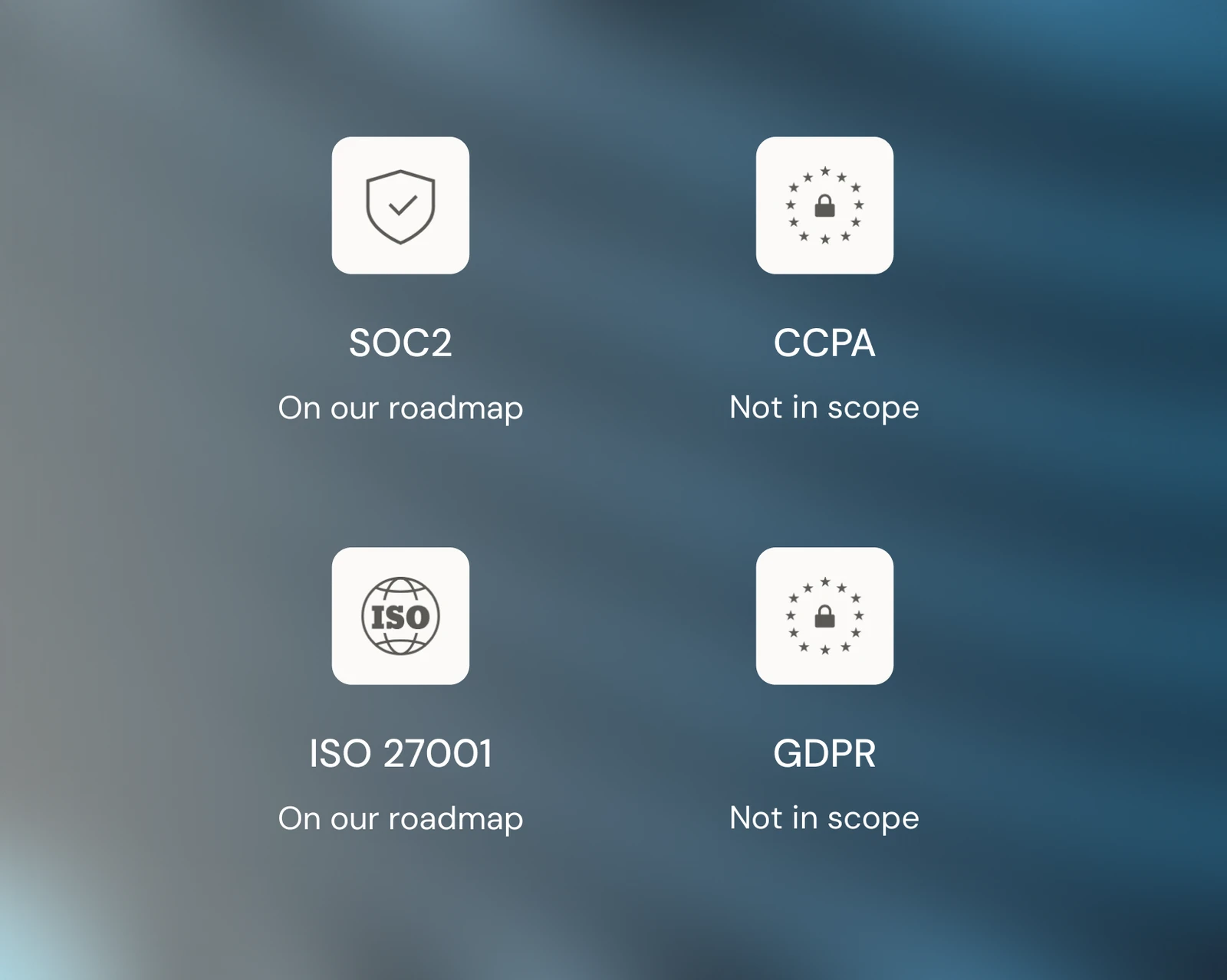 Compliance roadmap: SOC2 and ISO 27001 on our roadmap, CCPA and GDPR not in scope