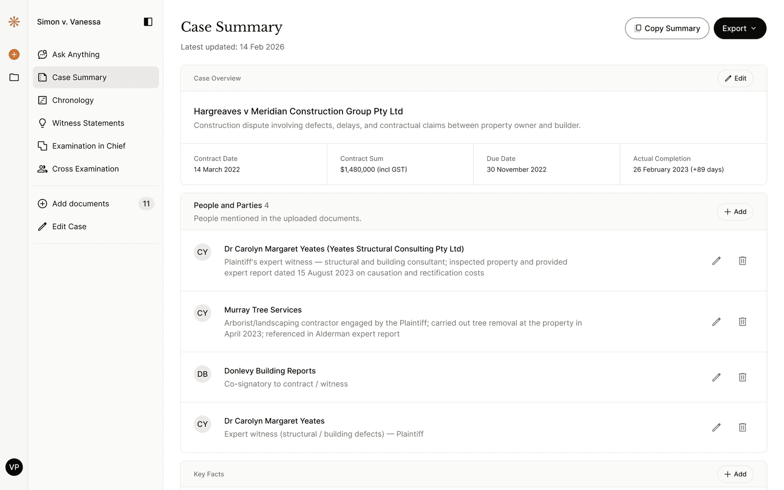 The Juriton workspace — a matter's case summary, parties and key facts cited to source