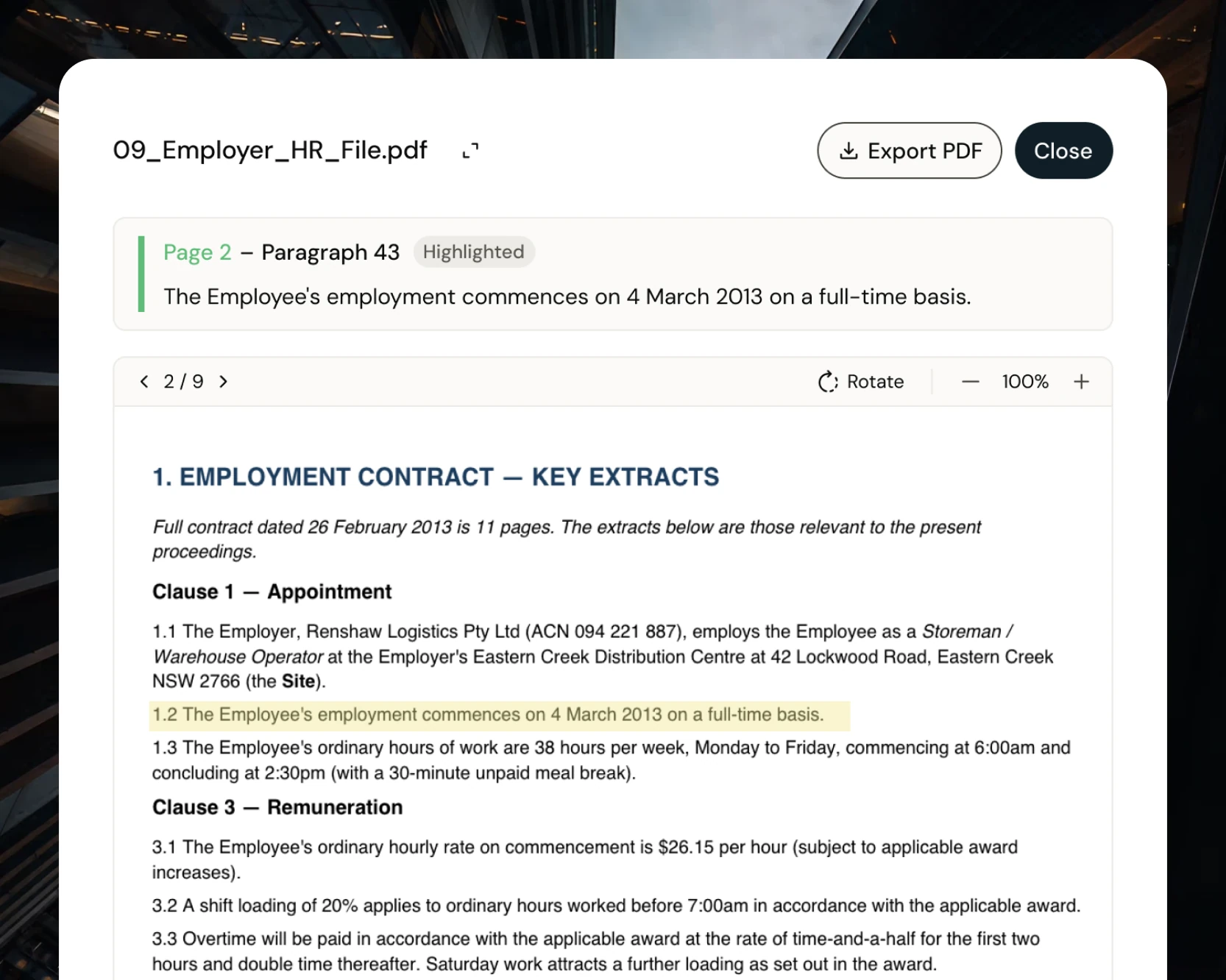 A source document with the cited passage highlighted