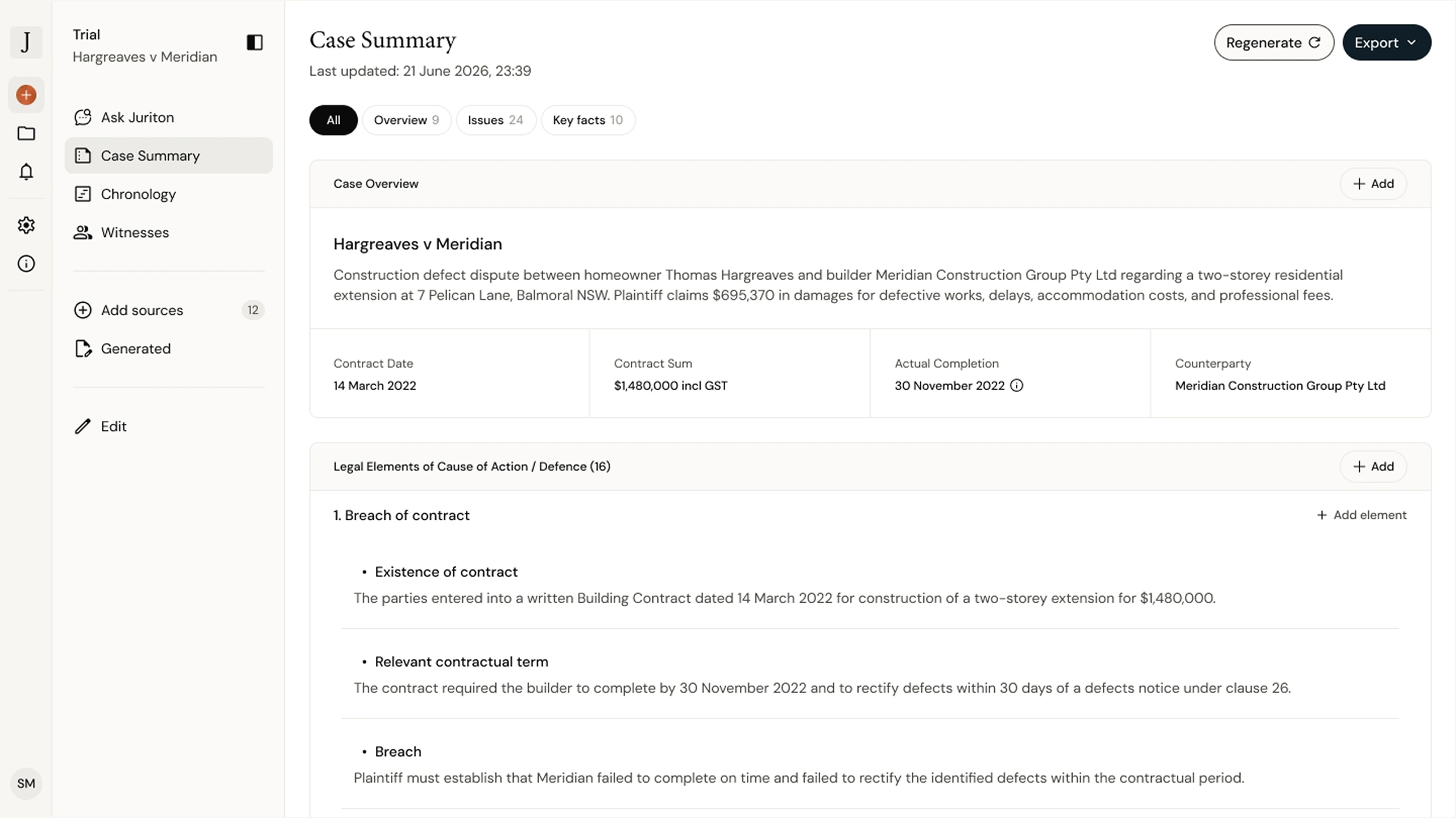 The Juriton case summary workspace