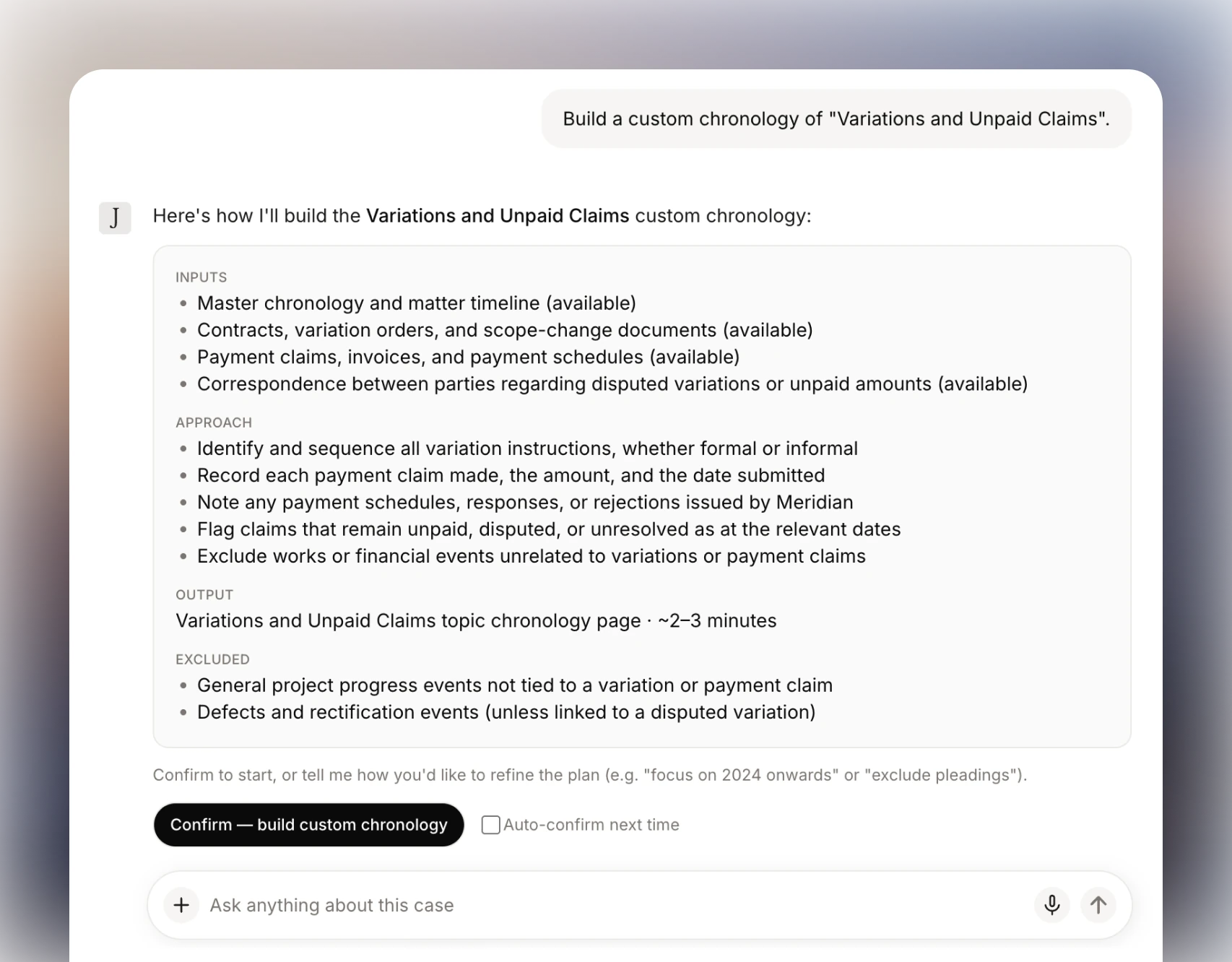 Juriton building a custom chronology from a prompt