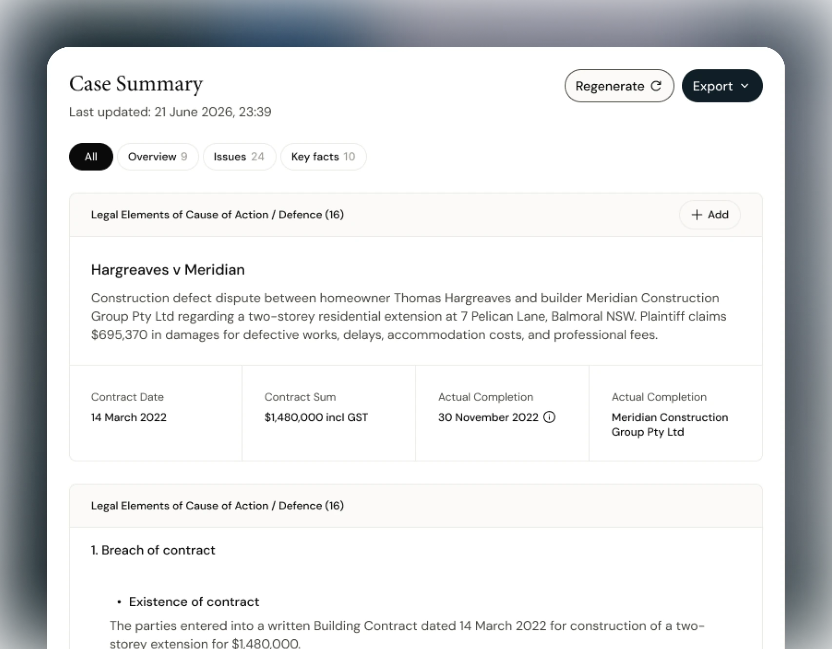 Juriton case summary for a matter